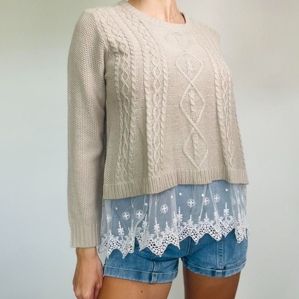 Cotton Emporium Beige Double Hem Sweater With Lace Cable Knit Size S Oversized
